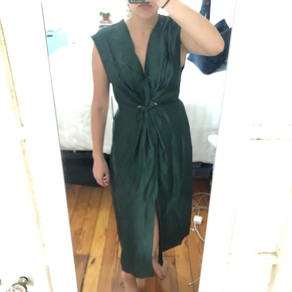 green linen midi dress